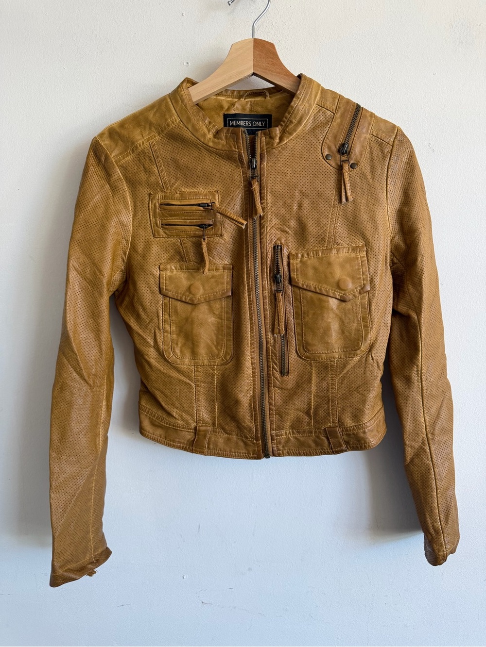Members Only Honey Tan Cropped Leather Moto Jacket